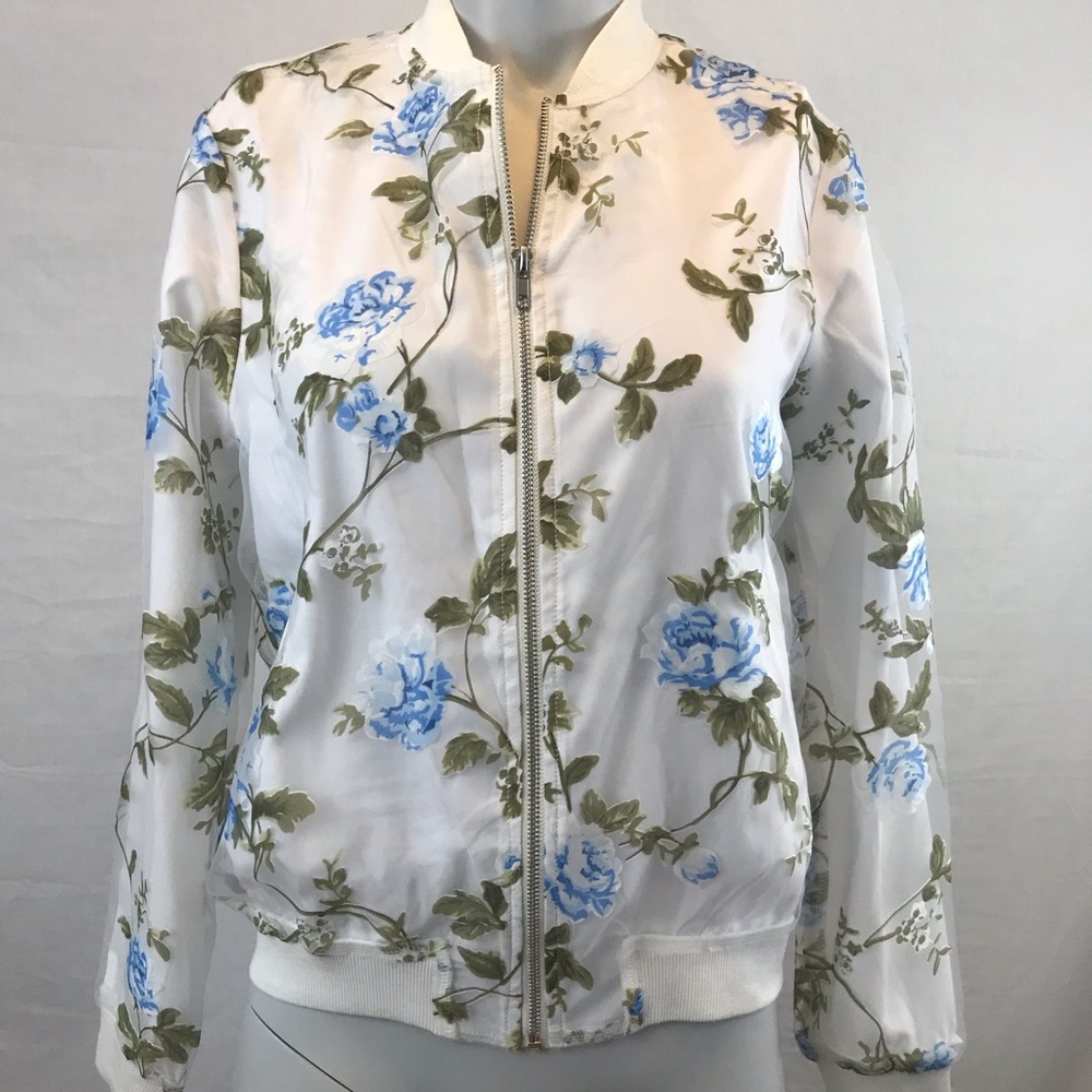 White and Blue Floral Bomber Jacket
